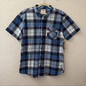 Levi Strauss & Co. men’s one pocket short sleeve button- up shirt, L, blue plaid
